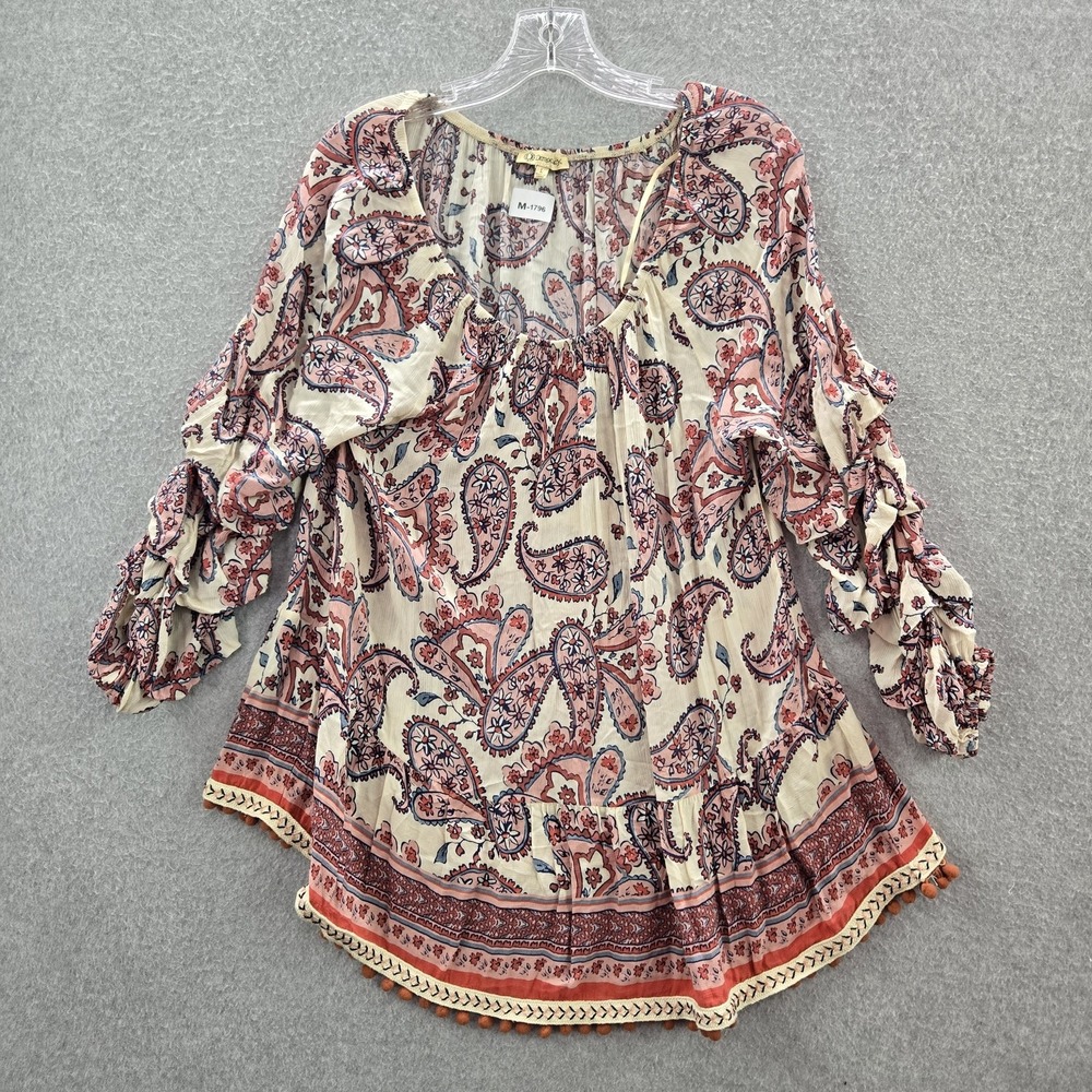 Democracy Women Blouse L Cream Paisley Bohemian Ruffle Pom Elastic Printed